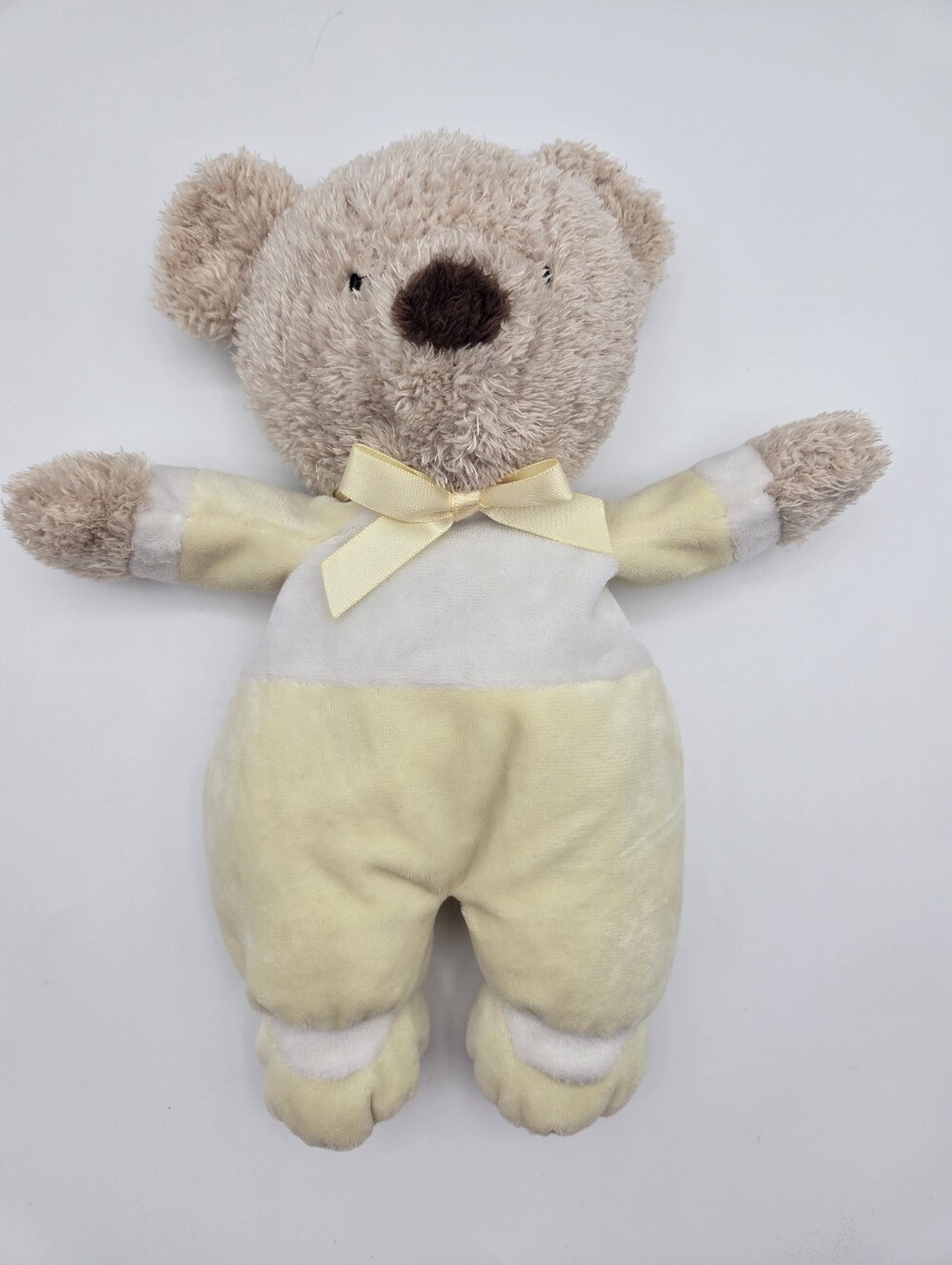 Carters Retired Tan Bear White Yellow Jumper Satin Bow Plush Lovey Stuffed Toy